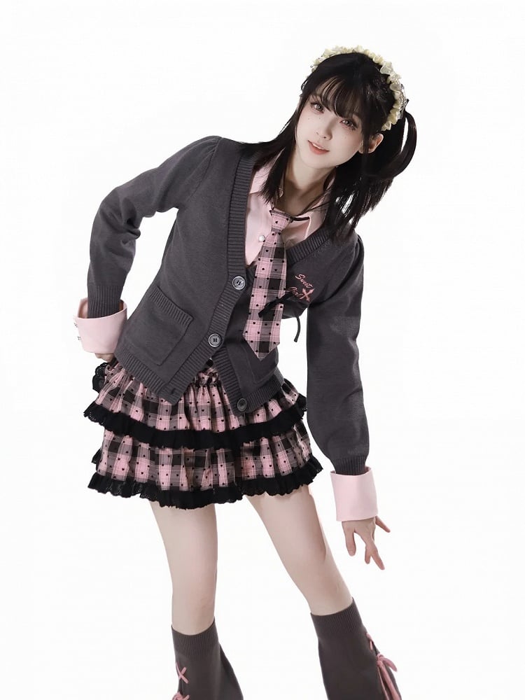 Dark Gray V-Neck Spring Slim-fitting Knitted Cardigan