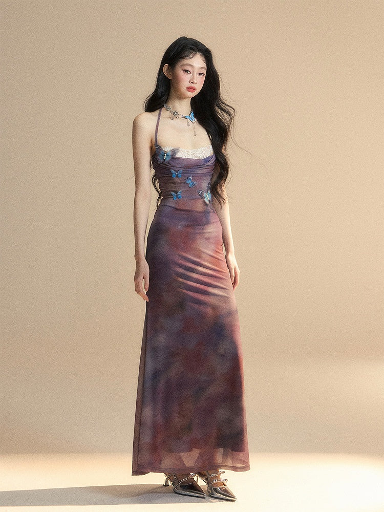 Accents Halter Purple Slip Dress Patches Butterfly Lace Neck Glamorous