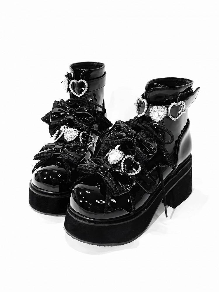 Plateau Stiefeletten Schnallen Jirai Kei Poliert und Schwarz Strass Sweetheart mit