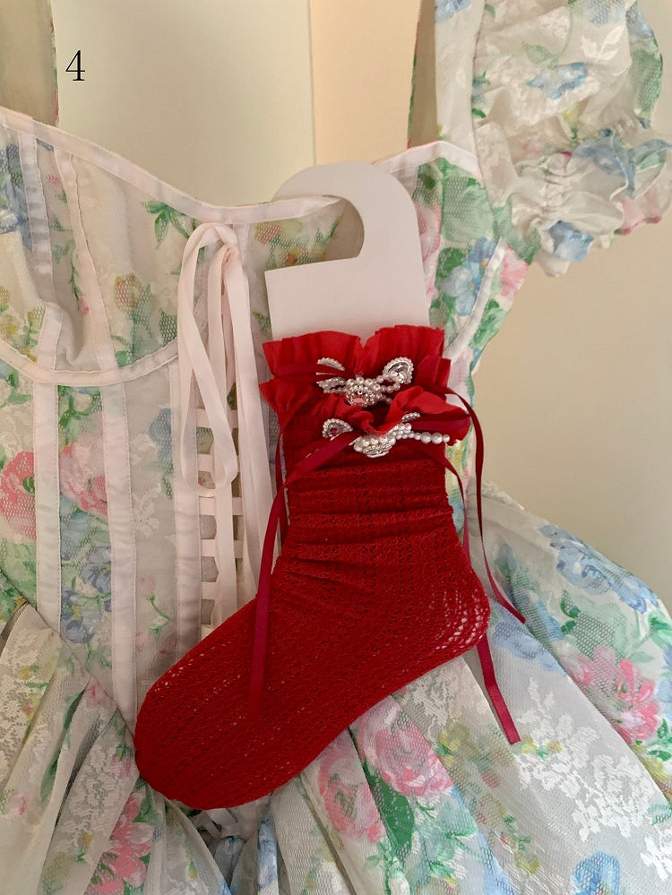 Lace Trim Socks White/Milky Bowknot Lolita White/Black/Red/Purple/Grey/Brown