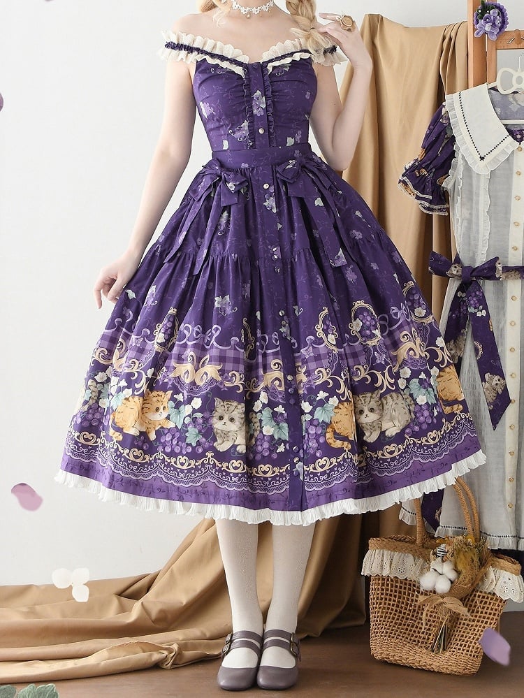 Grapes Cute Print and Purple Lolita Kitty Skirt