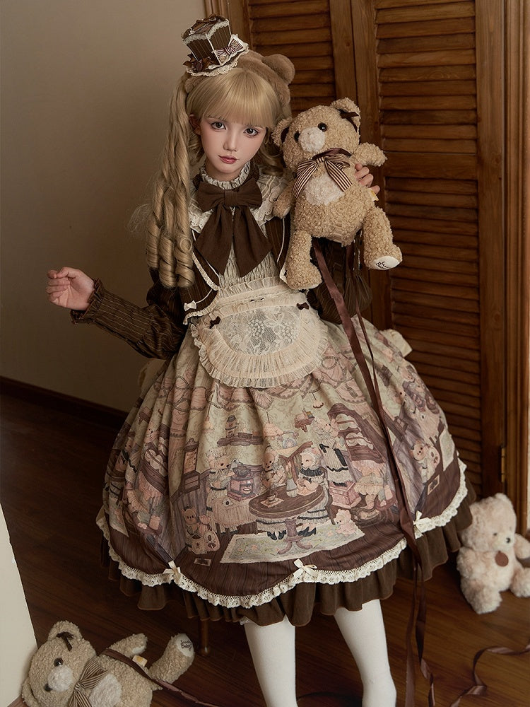 Print Lolita Two Teddy House Pieces Dress Coffee Design Long Green Sleeves Fake