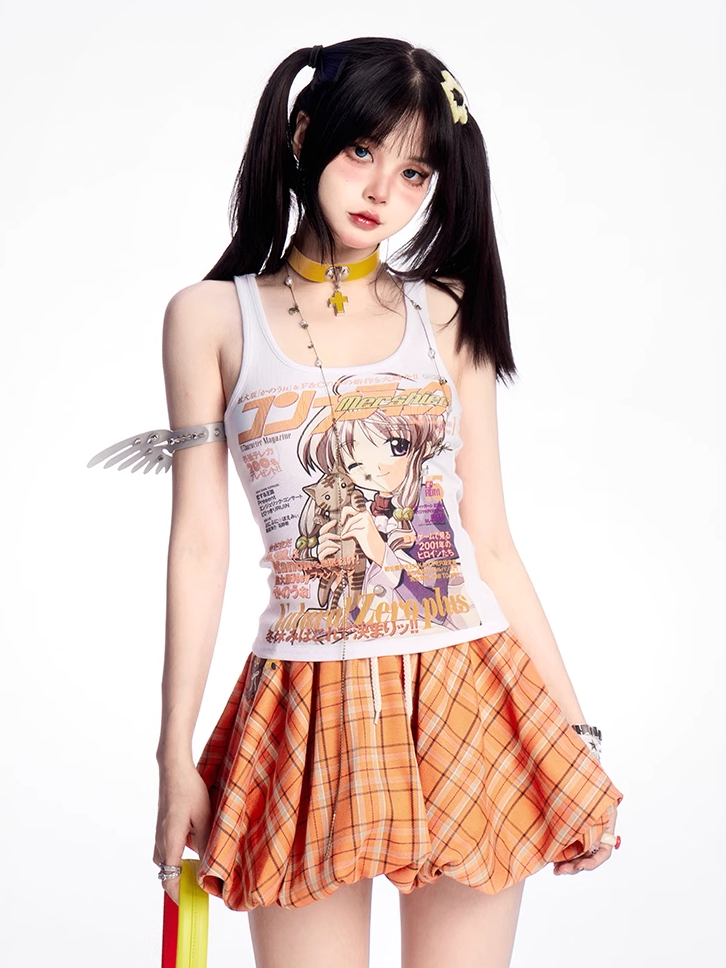 Tank Top Y2K Anime Girl Print White Slim-fitting