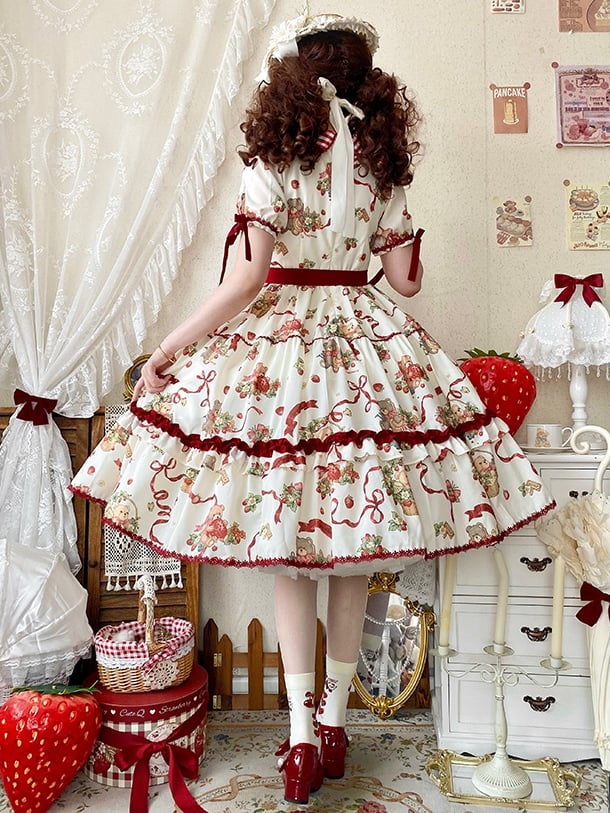Dress Sleeves Short Strawberry Creamy Lolita Teddy Print and White