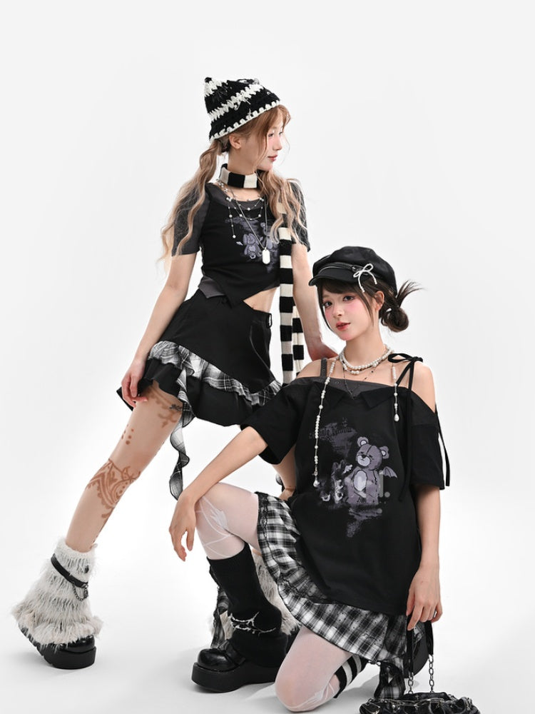 Black Plaid Asymmetrical Ruffled Hem Skirt
