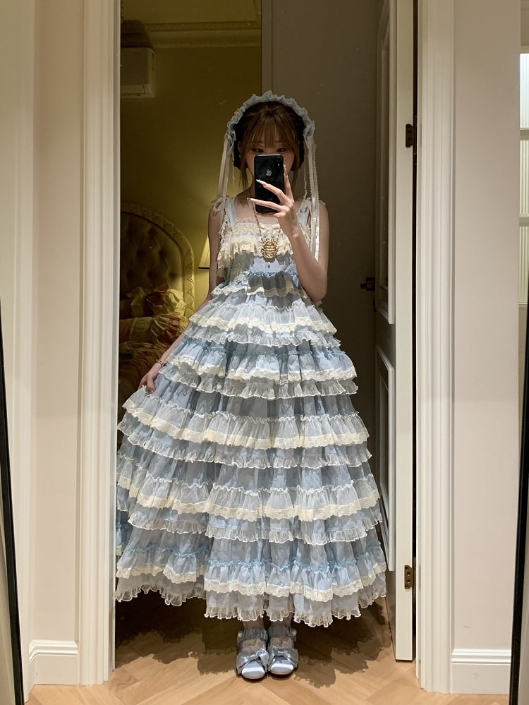 Goldfish Blue Adjustable Ruffle Sweet Embroidery Dress Lolita Straps and with Multi-Layered