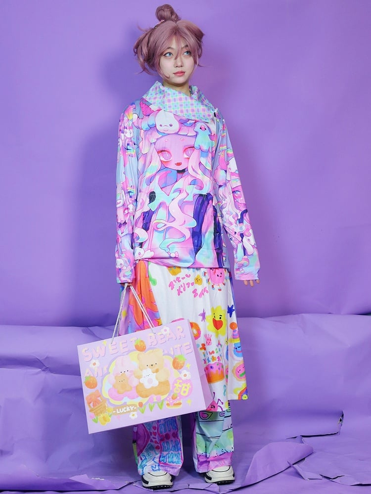 Cartoon Print Neck Top Schildkröte Übergroßes buntes Muster Lange karierte Ärmel Y2K