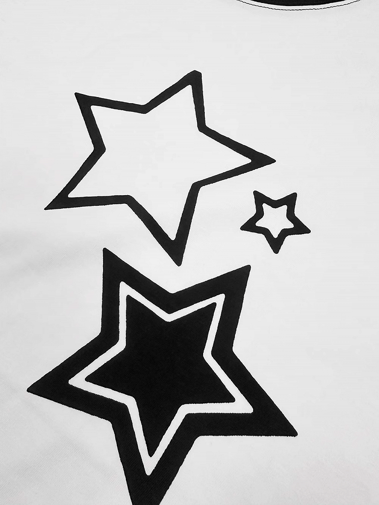 T-Shirt Schwarz Weiß Colorblock Design Stern Print Baumwolle