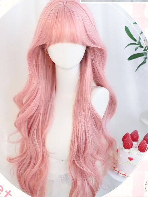 80-85cm Wavy Bangs Pink WIth Long Wig