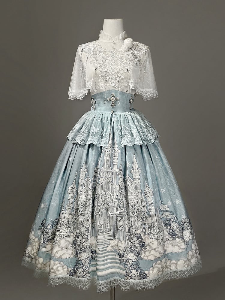 White Skirt High Cape Waist Top Cami + Tulle Print Castle Blue