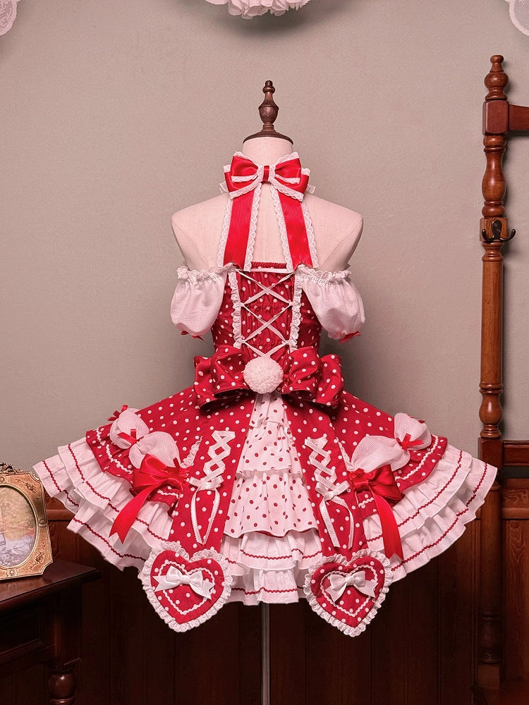 und Puffkleid mit gepunkteten Ärmeln, Schul-Polka-Lolita-Ausschnitt mit altroten Akzenten, Neckholder-Schleife