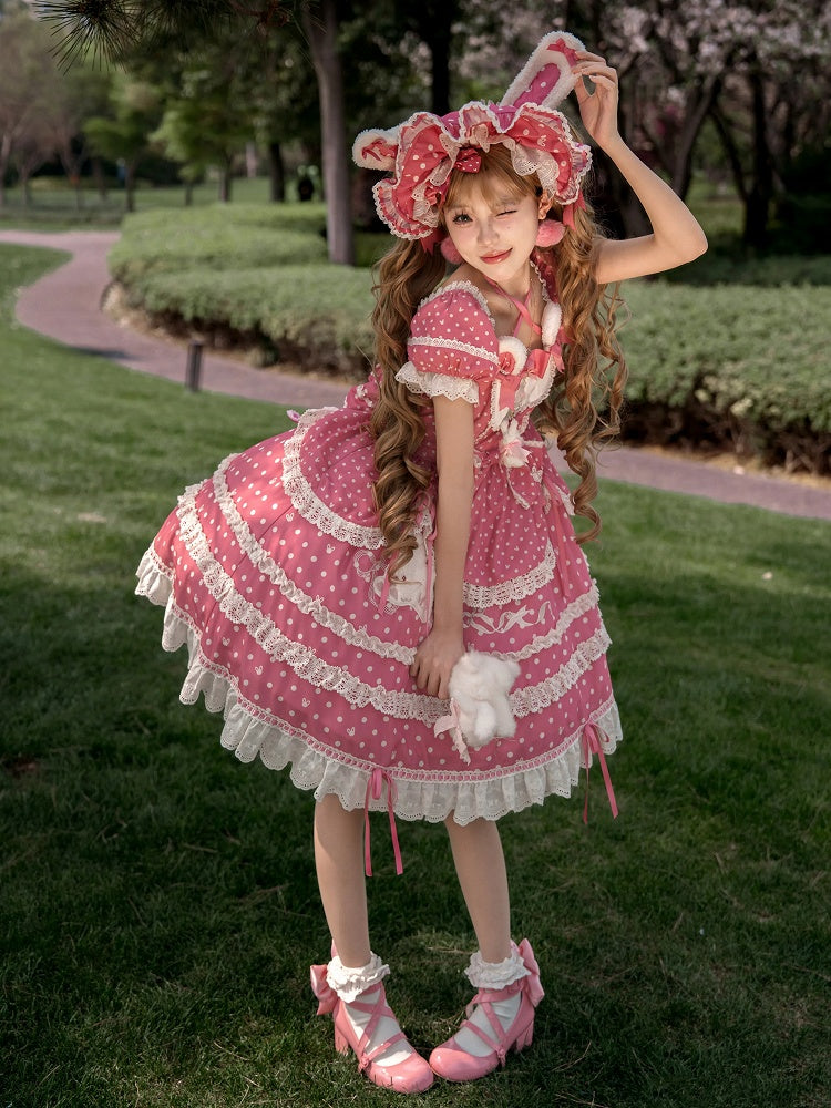Ears Square Pattern Dress Bunny Polka Dots Lolita Neckline Pink Plush Sweet Dark