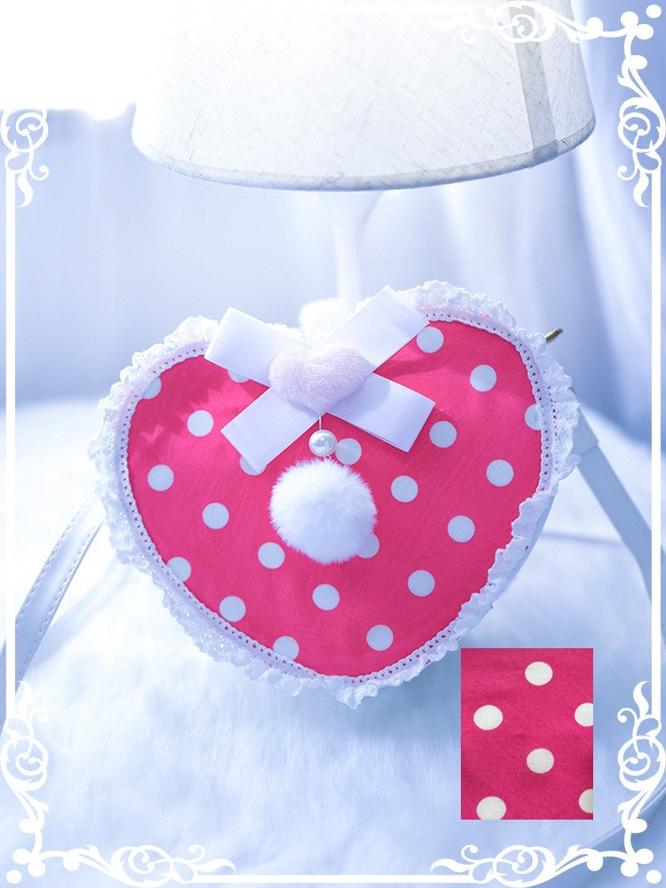 Pattern Design Bunny Plush Rose Polka-dot Beaded Decorated Crossbody Pink Pompon With Heart-shaped Bag
