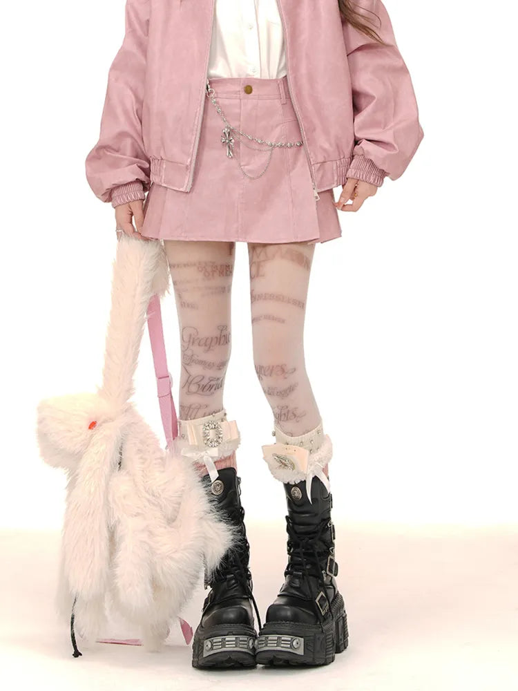 Faltenrock PU Braun/Rosa