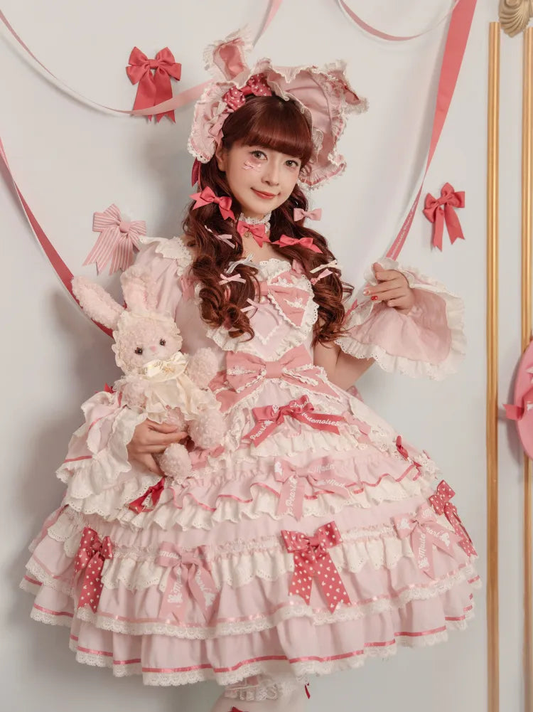 Ruffle Accents Bow Sweet Theme Bunny Piece One Dress Princess Pink Lolita