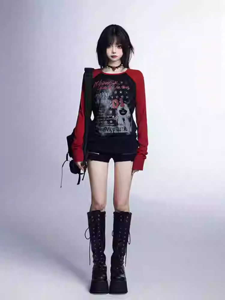 Vintage Glamorous Graphic Top Neck Red Black Round