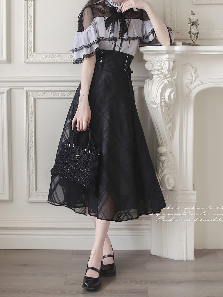 with Contrast Trim Jirai Kei Black Illusion Neckline and Purple Lace Cape Design Top