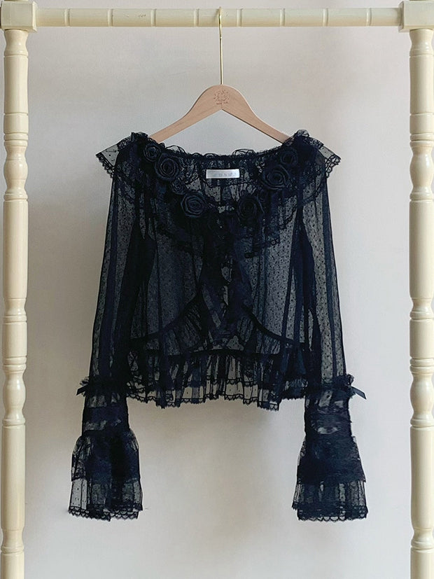 Dotted Black Top Sleeves Tulle Flounce Sheer Long Trimming
