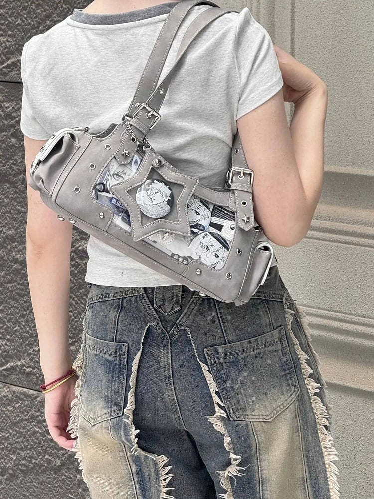 Graue Y2K Ita Star Schultertasche aus PU mit Charm