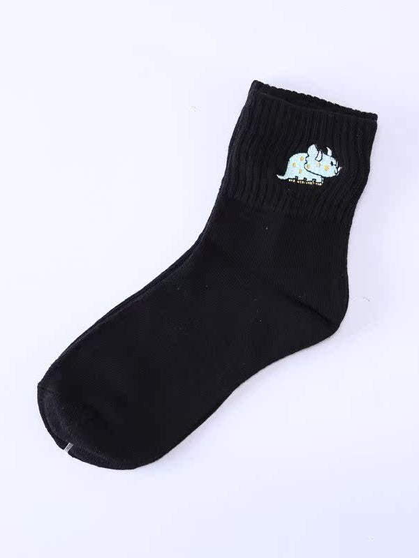Caramel/White/Black Cute Rhino Embroidered Calf Socks