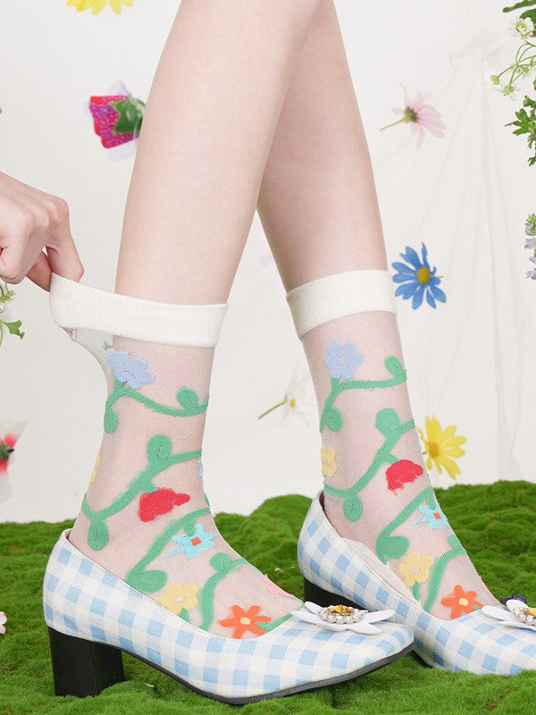 Floral Calf Semi-sheer Socks Pattern Pink/Blue/Beige