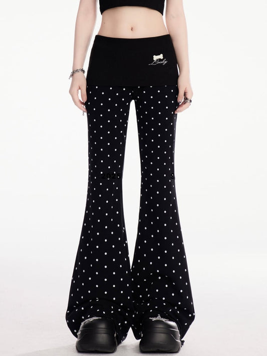 Flared Casual Pants Black Polka Dot Elastic Waist Slim-fitting