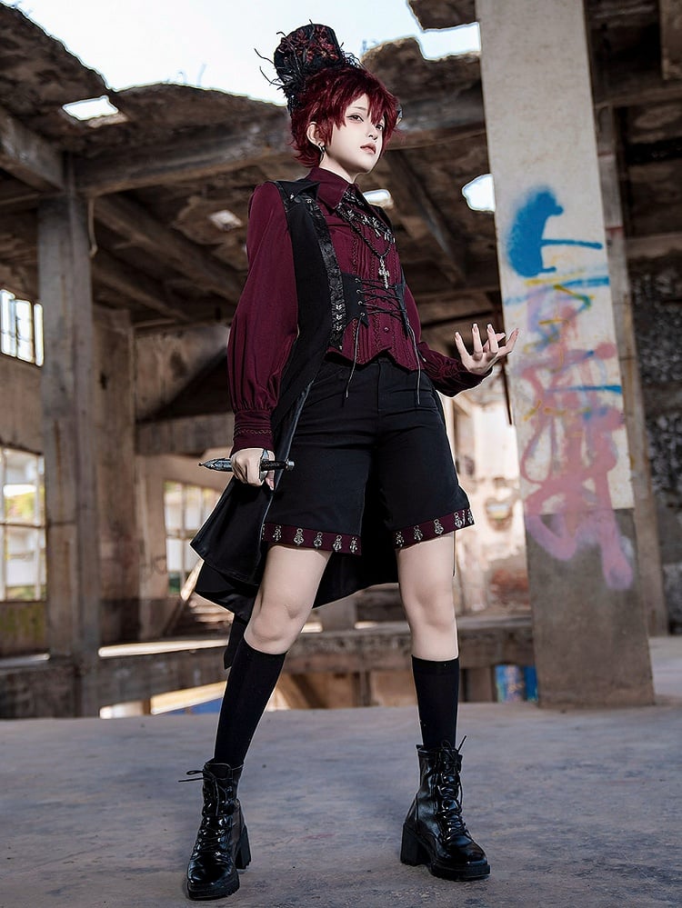 Straight-leg Shorts Black Lolita Ouji Cuffs Red