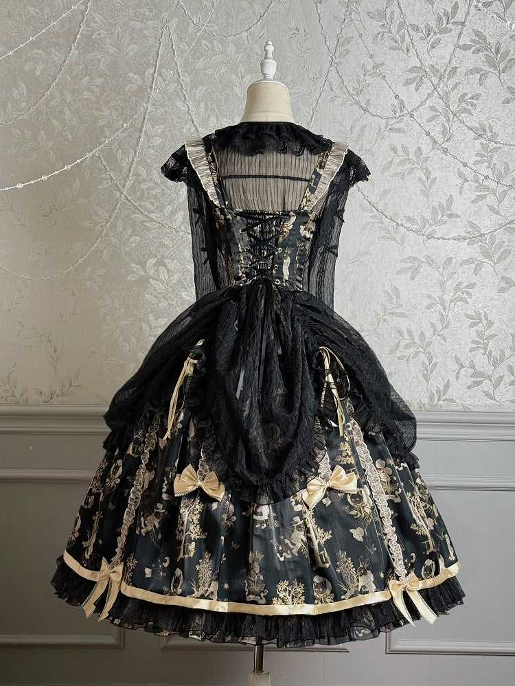 Waist Overlay Lolita and Drawstring Jumper Skirt Corset Black Gold