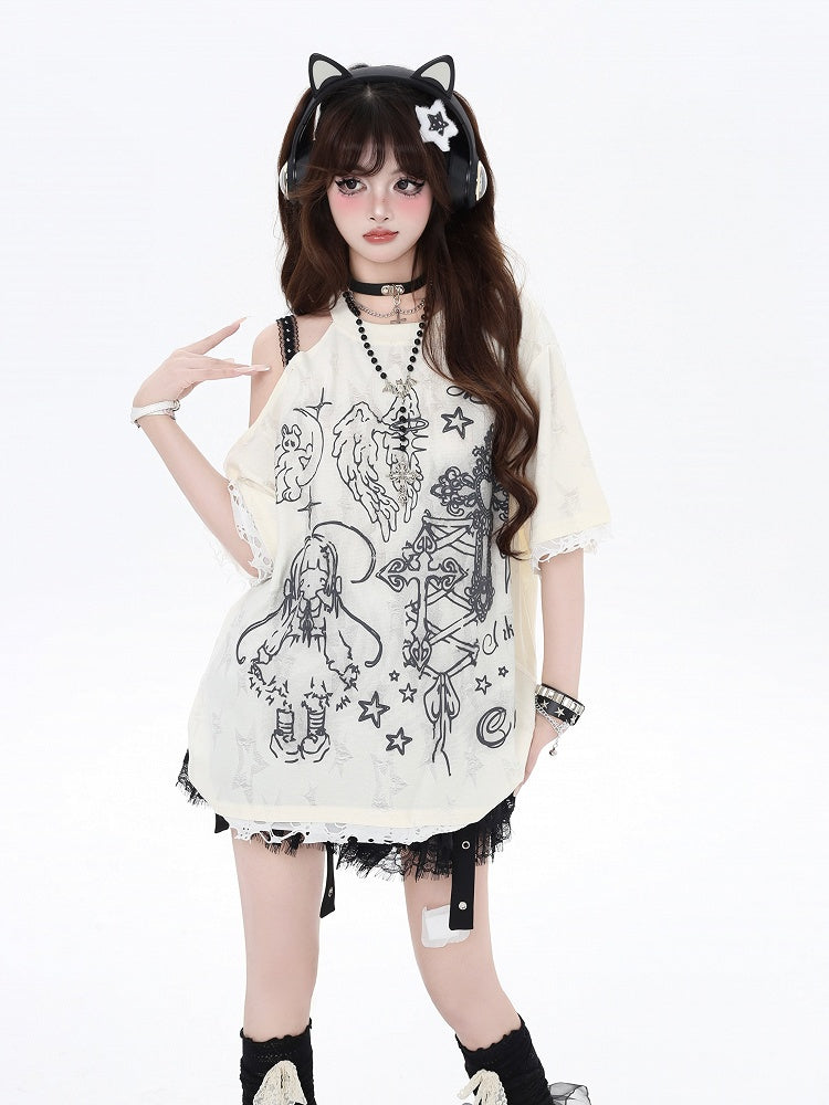 Black/Beige Cutout Shoulder Graffiti Bittersweet T-Shirt Angel Lucky