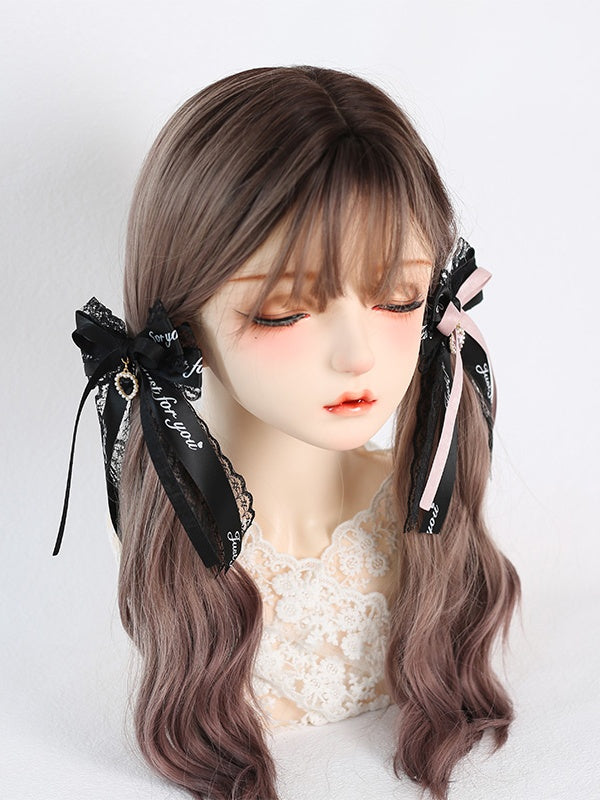 Kei Pink Lace Jirai Haarspange mit Herzanhänger Schwarze Schleife /