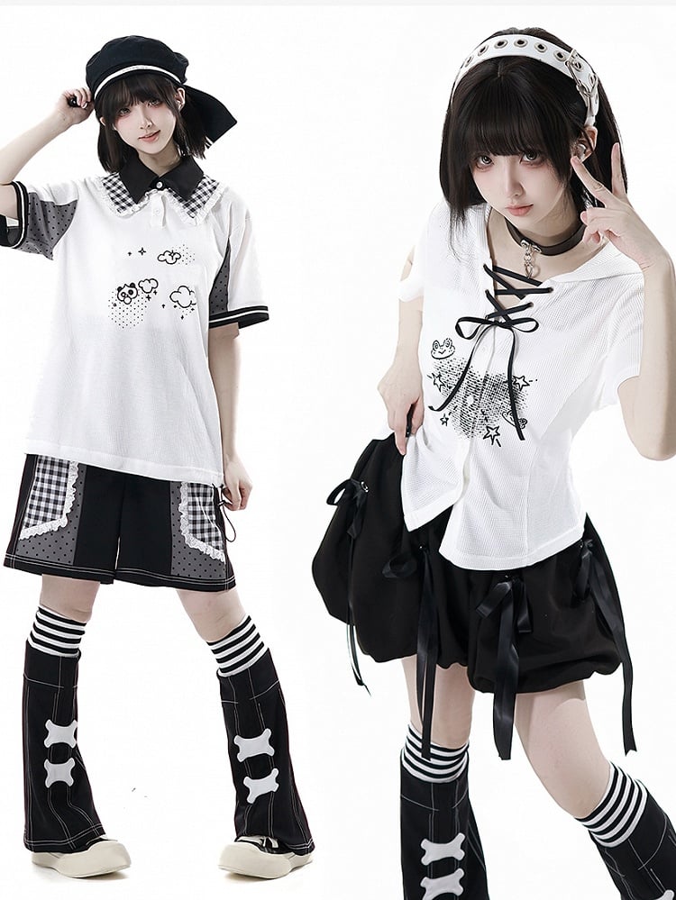 White Frog Lace-up Neckline Front Button Placket T-shirt Cute Print Hooded Waffle