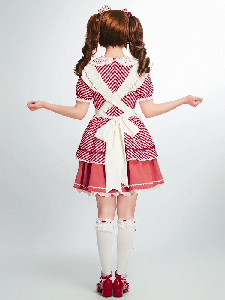 Dress with Plaid Lolita Collar Peter Pattern Strawberry Pan Sweet Pink Apron