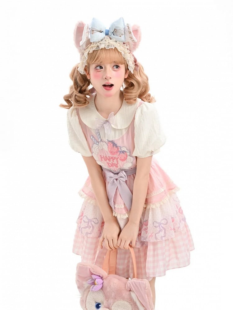 Strawberry Cake Embroidery Pan Tiered Lolita Dress Pink Skirt Peter Collar Sweet
