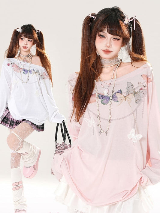 Back Cutout White/Pink Asymmetrical Detail Butterfly-shaped