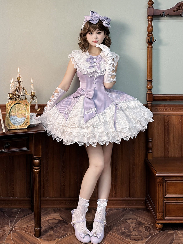 Dress Slim Sleeveless Striped Waist Purple Lolita Fabric Sweet Ruffle White Layered Neck Fit