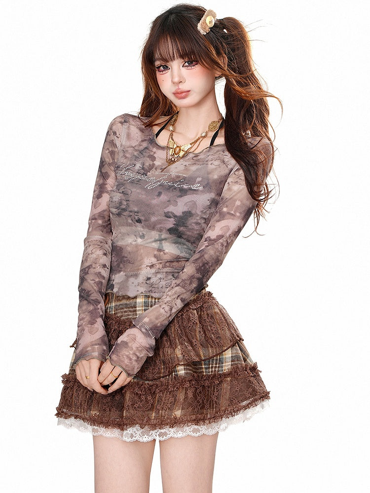 Lila/braunes bedrucktes Netzoberteil mit Neckholder-Camisole-Set