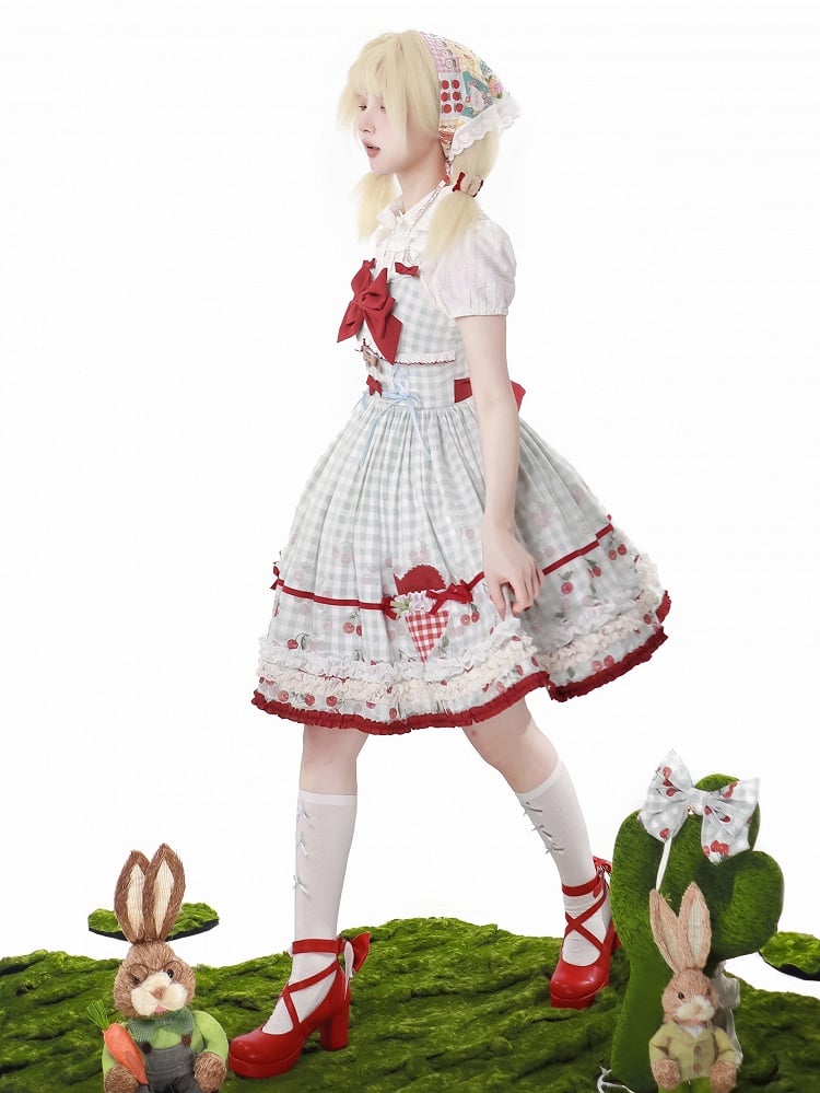 Cherry Dress Print Blue Lolita Sweet Jumper Skirt Red Gingham
