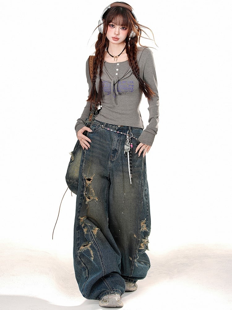 Holes Distressed Blue Wide-leg Jeans Cut Denim