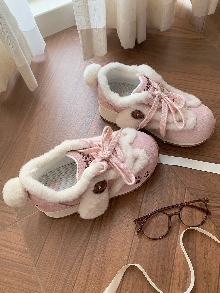 Sweet with Accents Ears Tail Paw Embroidery Sneakers Print - Plush Pink Dog Lolita