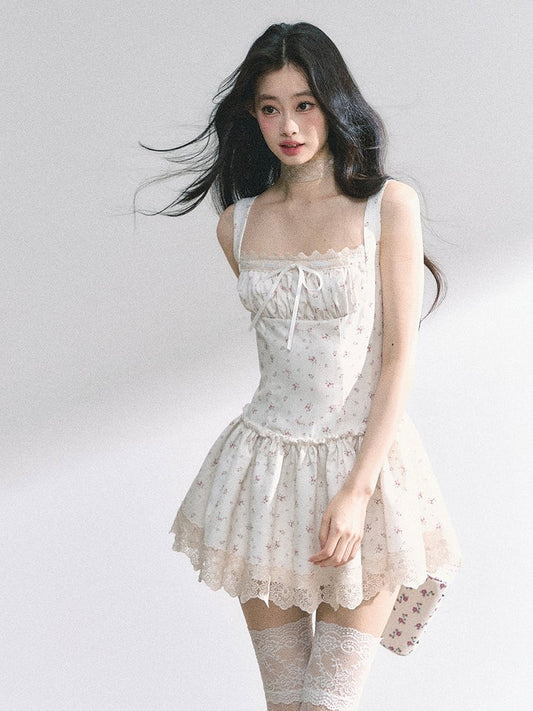 White Square Neckline Lace Trim Floral Sleeveless Dress