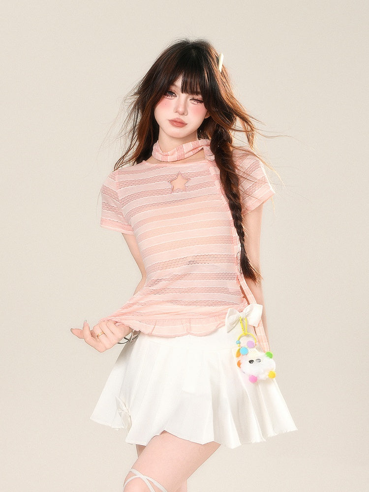 Scarf Star-shaped Cutout Pink Stripes Detail Glamorous T-Shirt with Free
