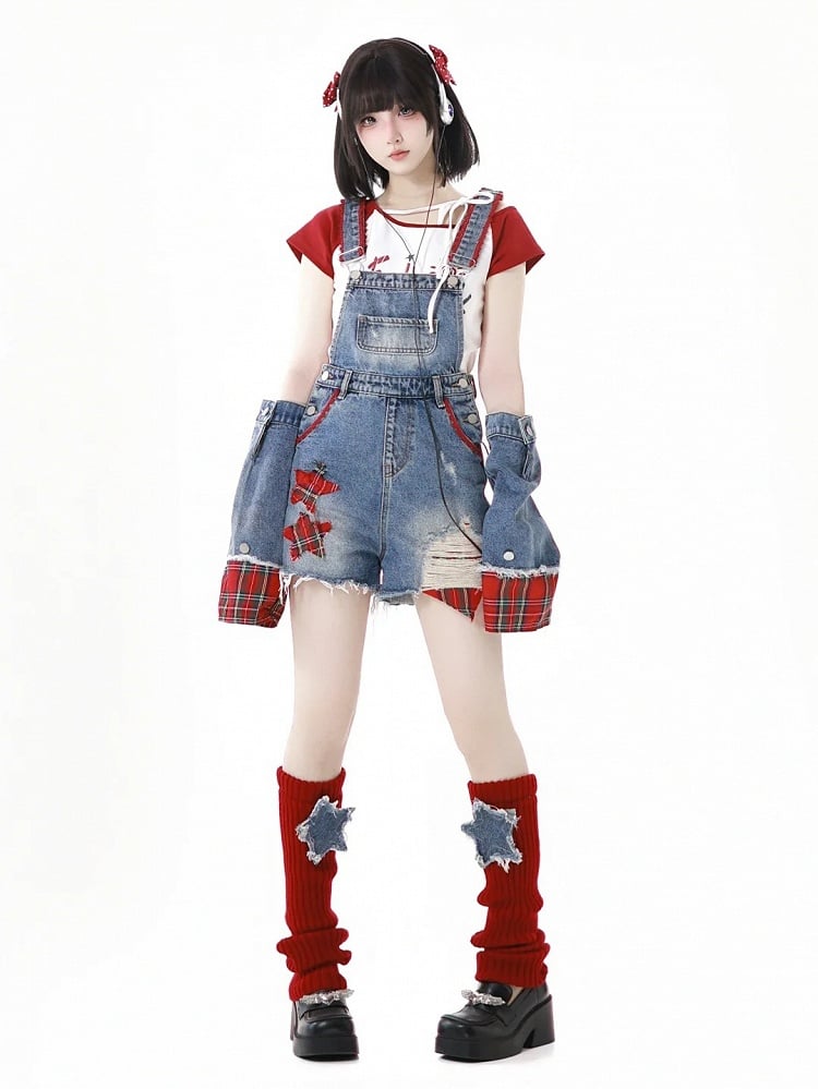 Distressed Denim Shorts Raw with Overall Appliques Blue Star Hem Holes Armwears Plaid Free