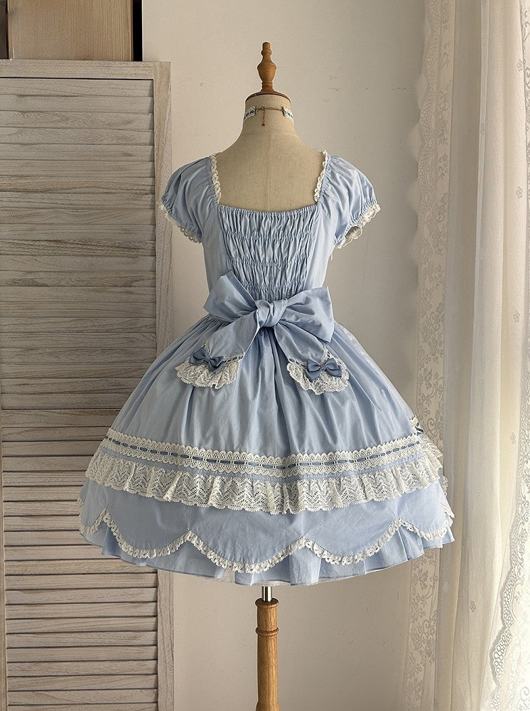 and Short Piece Blue One Neckline Puff Old Lolita School Sleeves Cotton Dress Square
