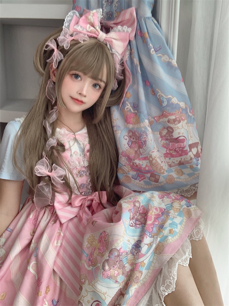 Ears Bow Pink Big Neckline JSK Sweet Lolita Dress Adorable Mouse Print Mouse Design