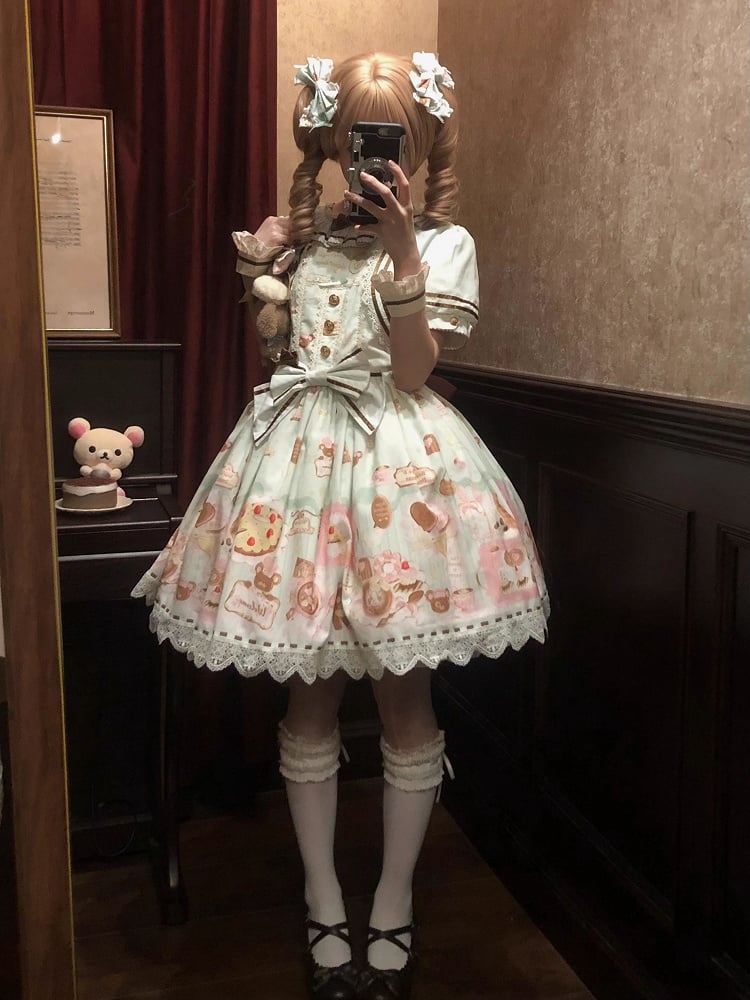 Green Sweet Mint Lolita Theme Desserts Two-pieces Print Dress Fake Design Bear