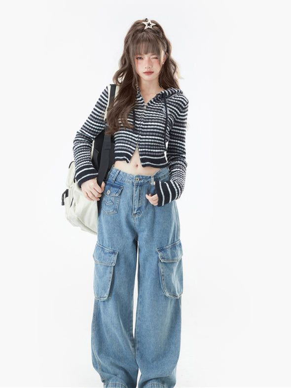 Black Pattern Stripe Hooded Cardigan / Pink