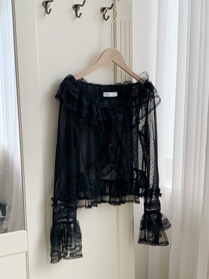 Dotted Black Top Sleeves Tulle Flounce Sheer Long Trimming