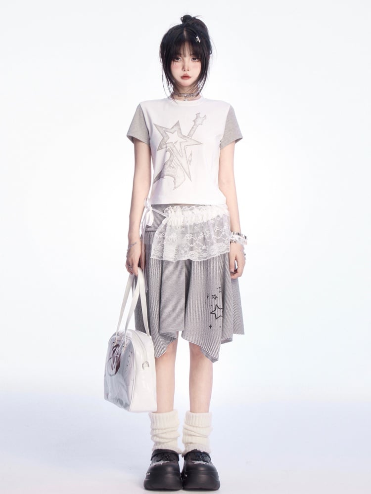 and Waist Asymmetrical Hem Low White Gray Star Print