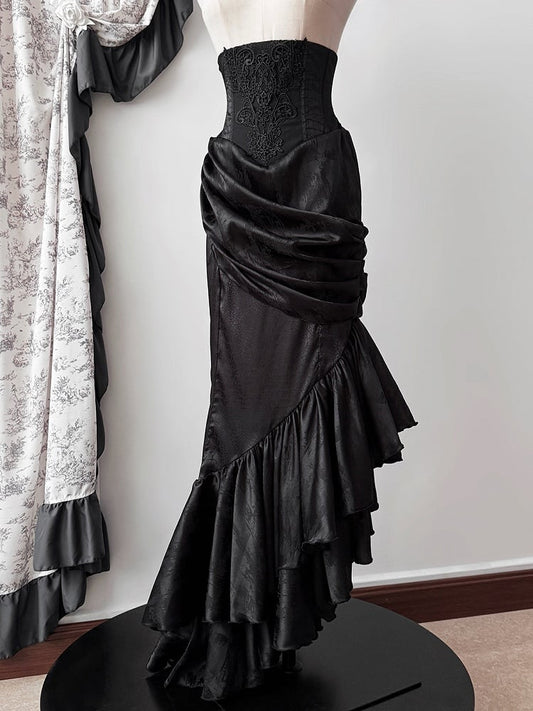 Gothic Asymmetrischer Rock Korsett mit Taillenstäbchen Kaskadierender hoher Lolita-Volant Meerjungfrauensaum Schwarz