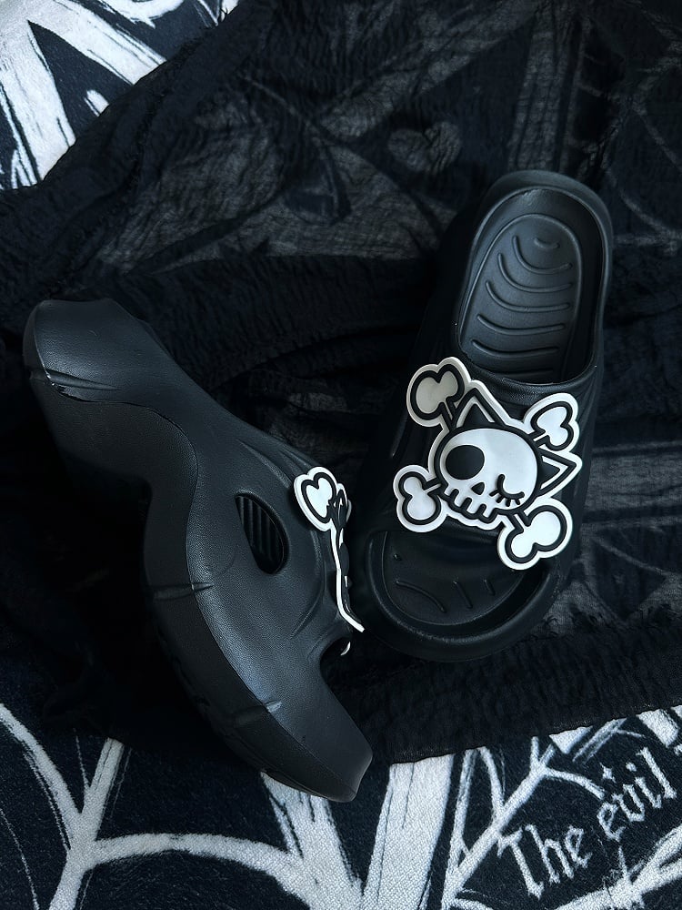Gothic Summer Black Applique White Slippers Skeleton and